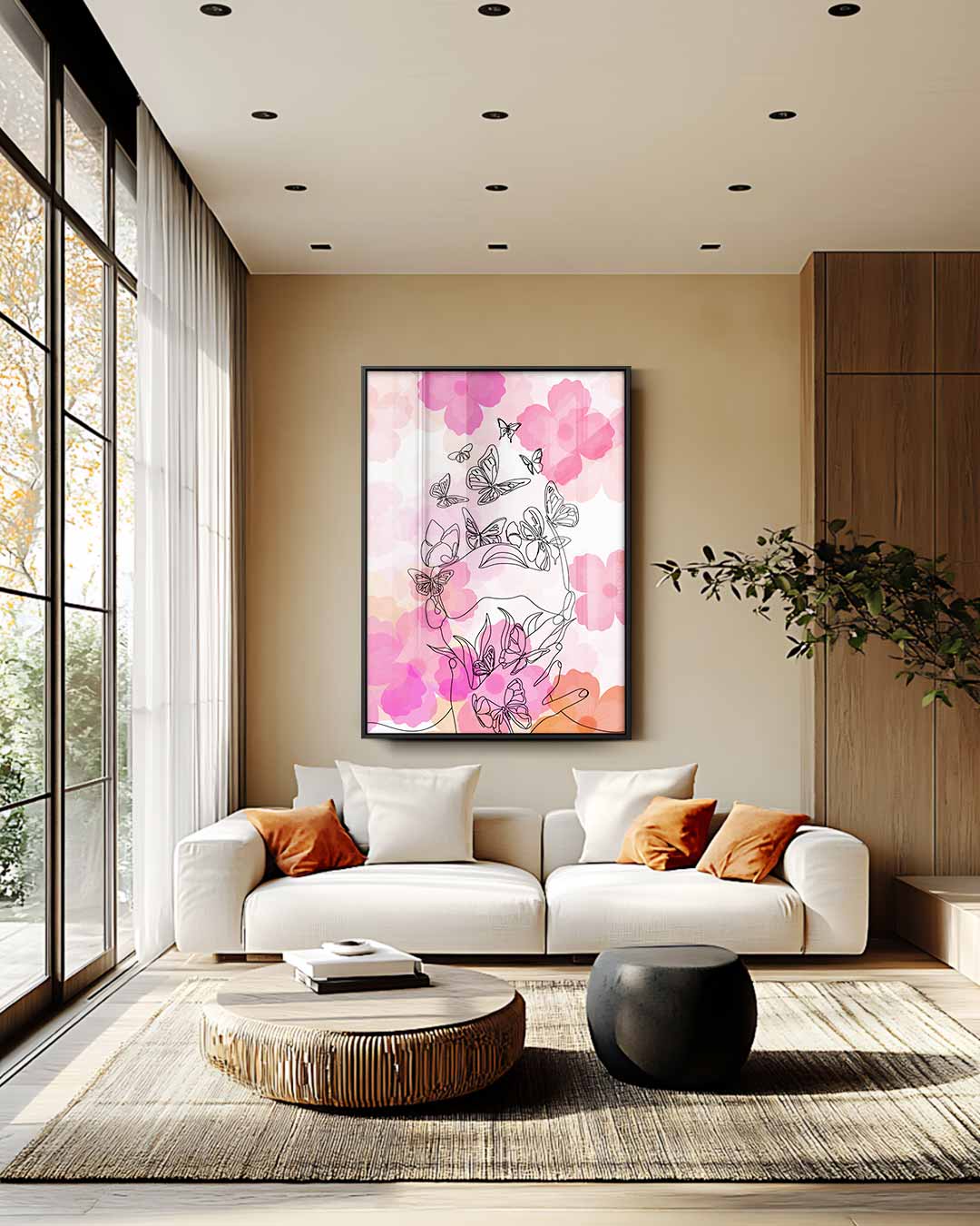 Vlinders en Bloemen Lijntekening Kunstwerk-canvas-dibond-plexiglas-wanddecoratie-WallArtistic