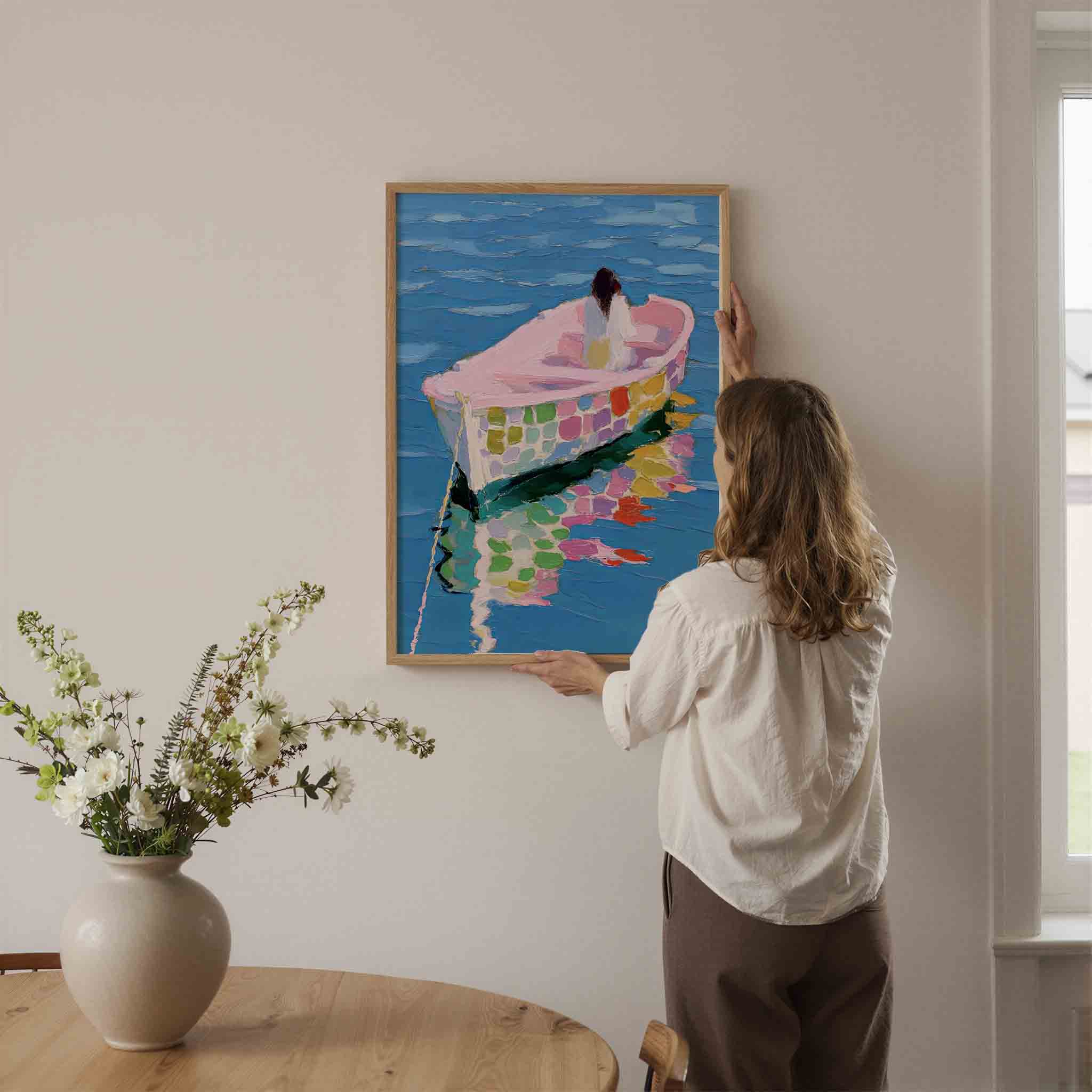 Boot op blauwe zee Poster