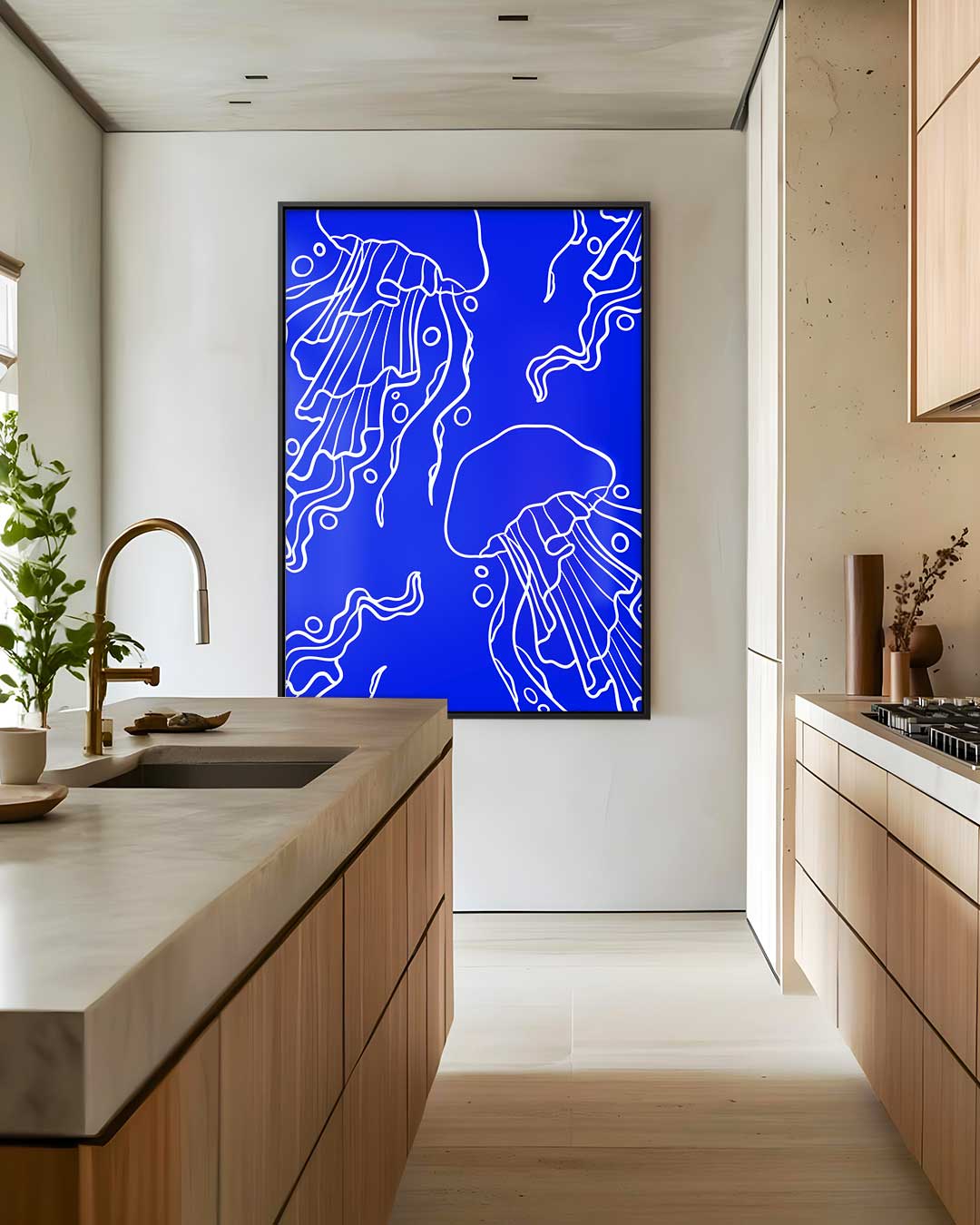 Dromerige Kwallen in Diepblauw Kunstwerk-canvas-dibond-plexiglas-wanddecoratie-WallArtistic