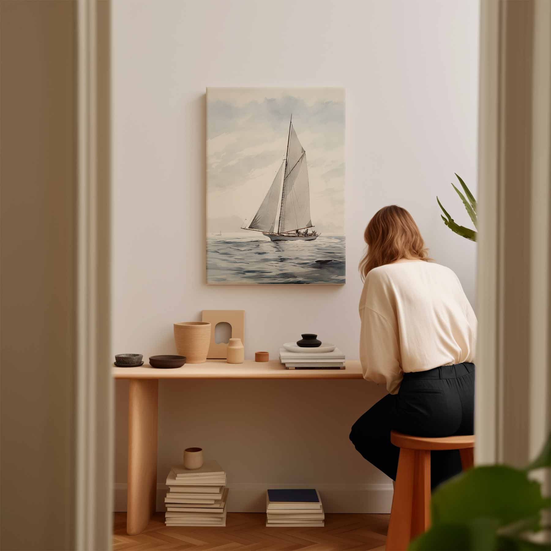 Zeilboot op een Rustige Zee Kunstwerk-canvas-dibond-plexiglas-wanddecoratie-WallArtistic