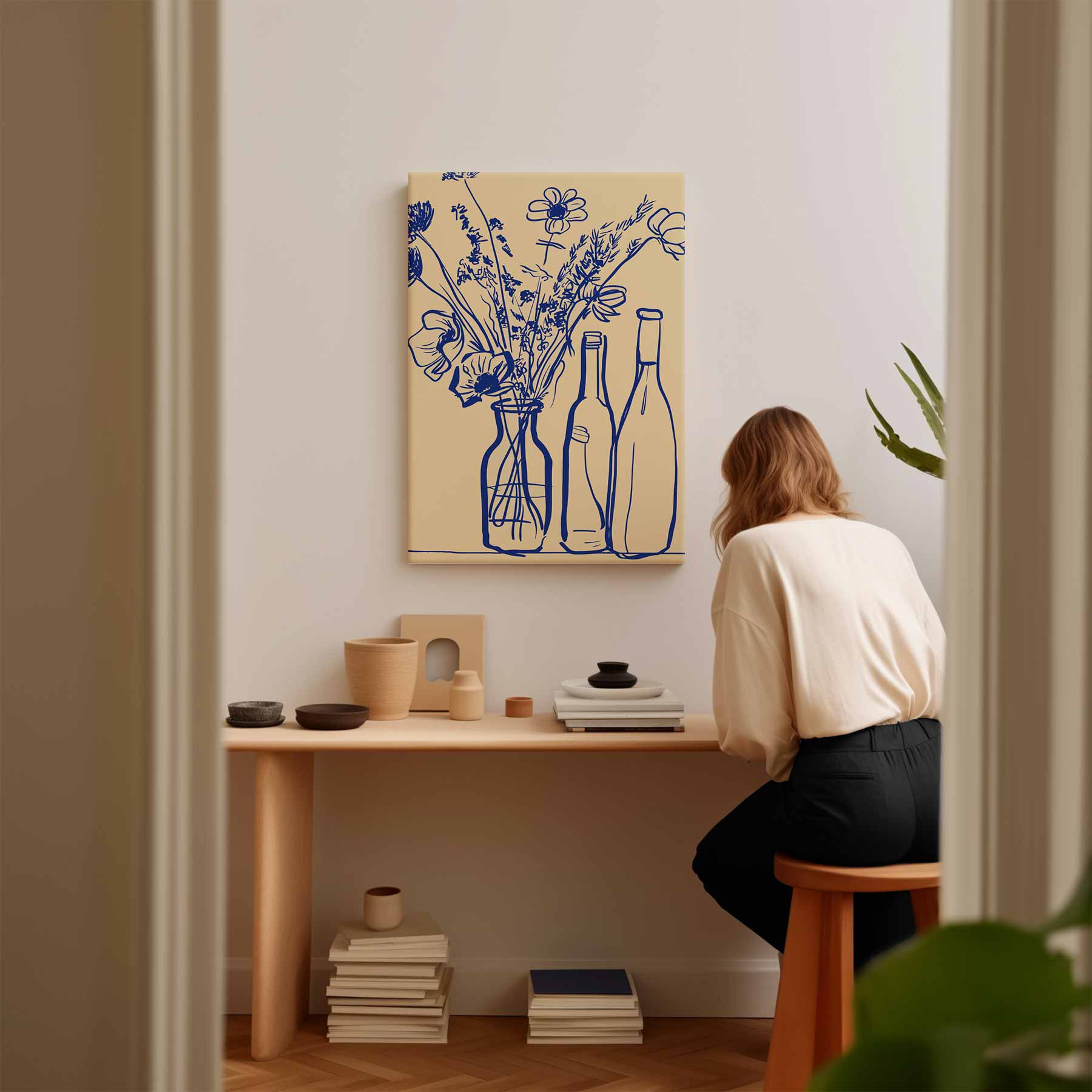 Blauwe Bloemen in Flessen Schilderij Kunstwerk-canvas-dibond-plexiglas-wanddecoratie-WallArtistic