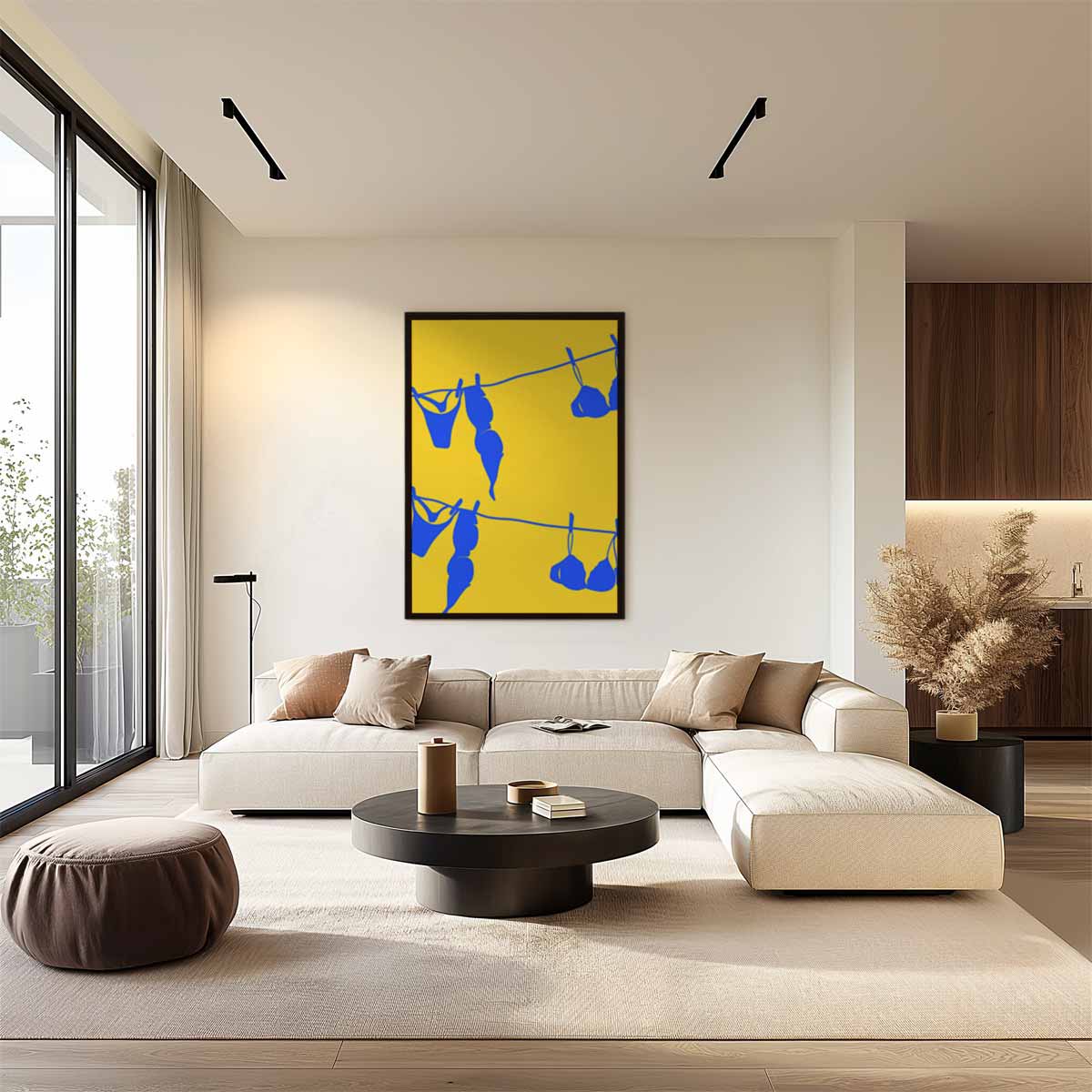 Blauw Wasgoed op Gele Draad Kunstwerk-canvas-dibond-plexiglas-wanddecoratie-WallArtistic