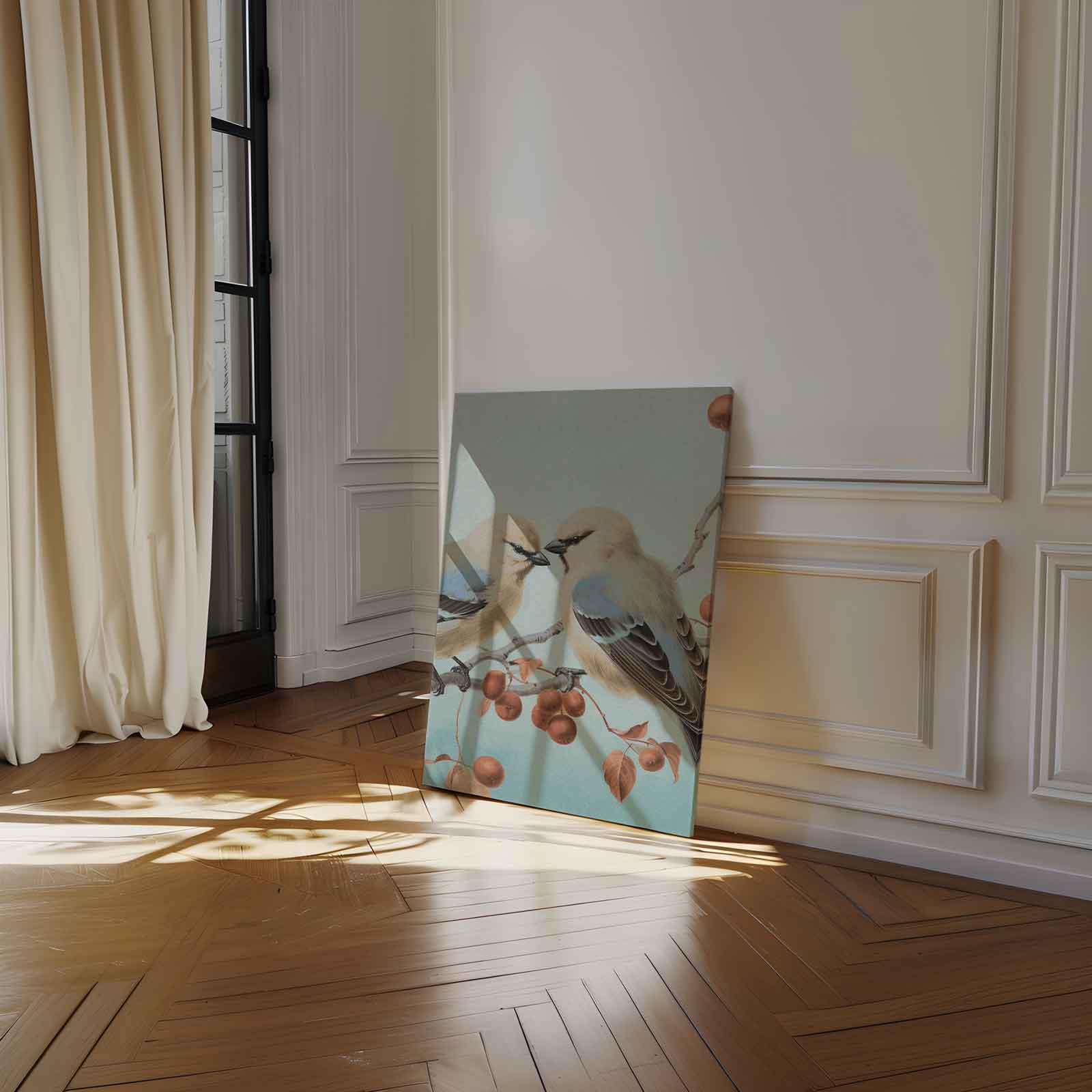 Twee Vogels op een Tak Kunstwerk-canvas-dibond-plexiglas-wanddecoratie-WallArtistic