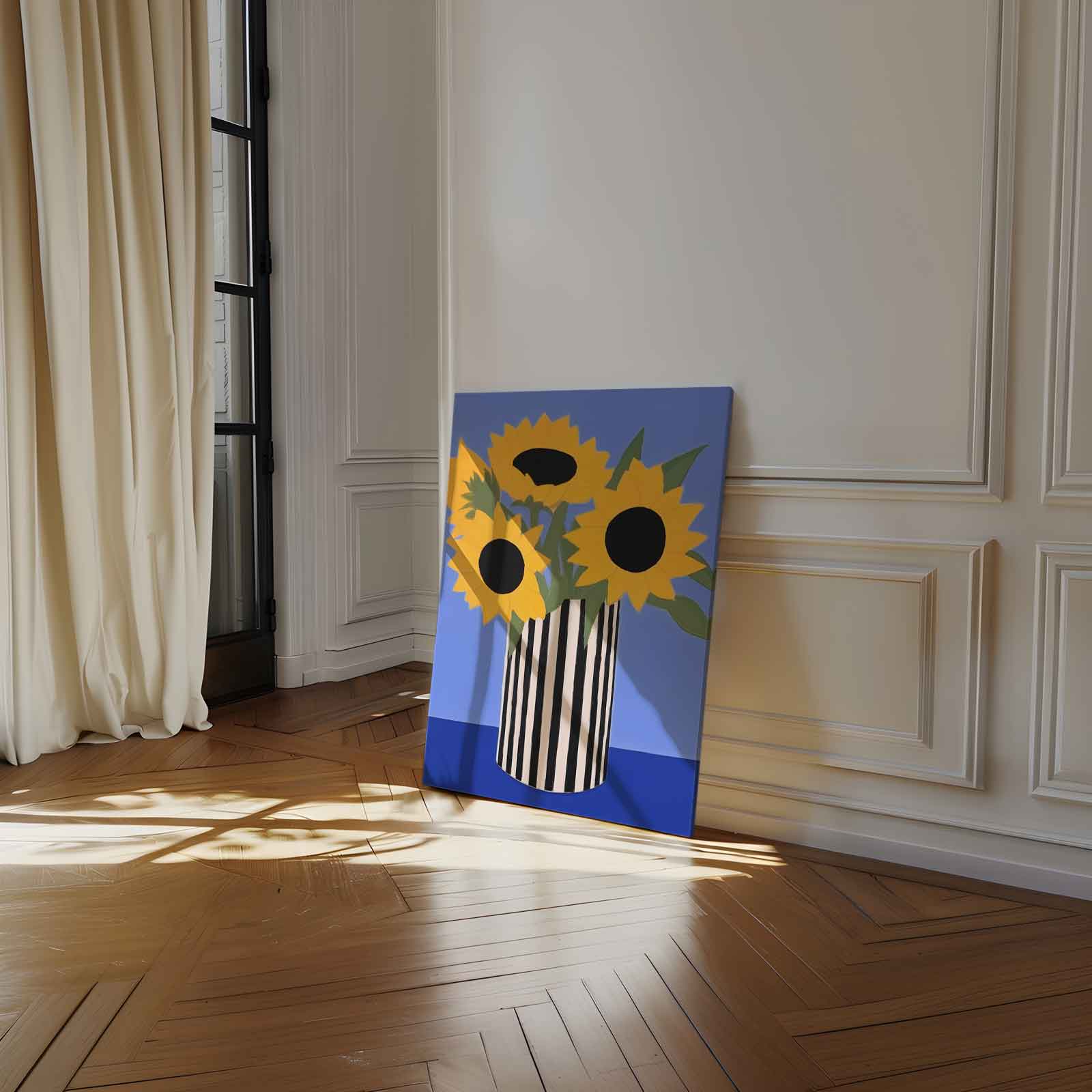 Zonnige Zonnebloemen in Streepjesvaas Kunstwerk-canvas-dibond-plexiglas-wanddecoratie-WallArtistic