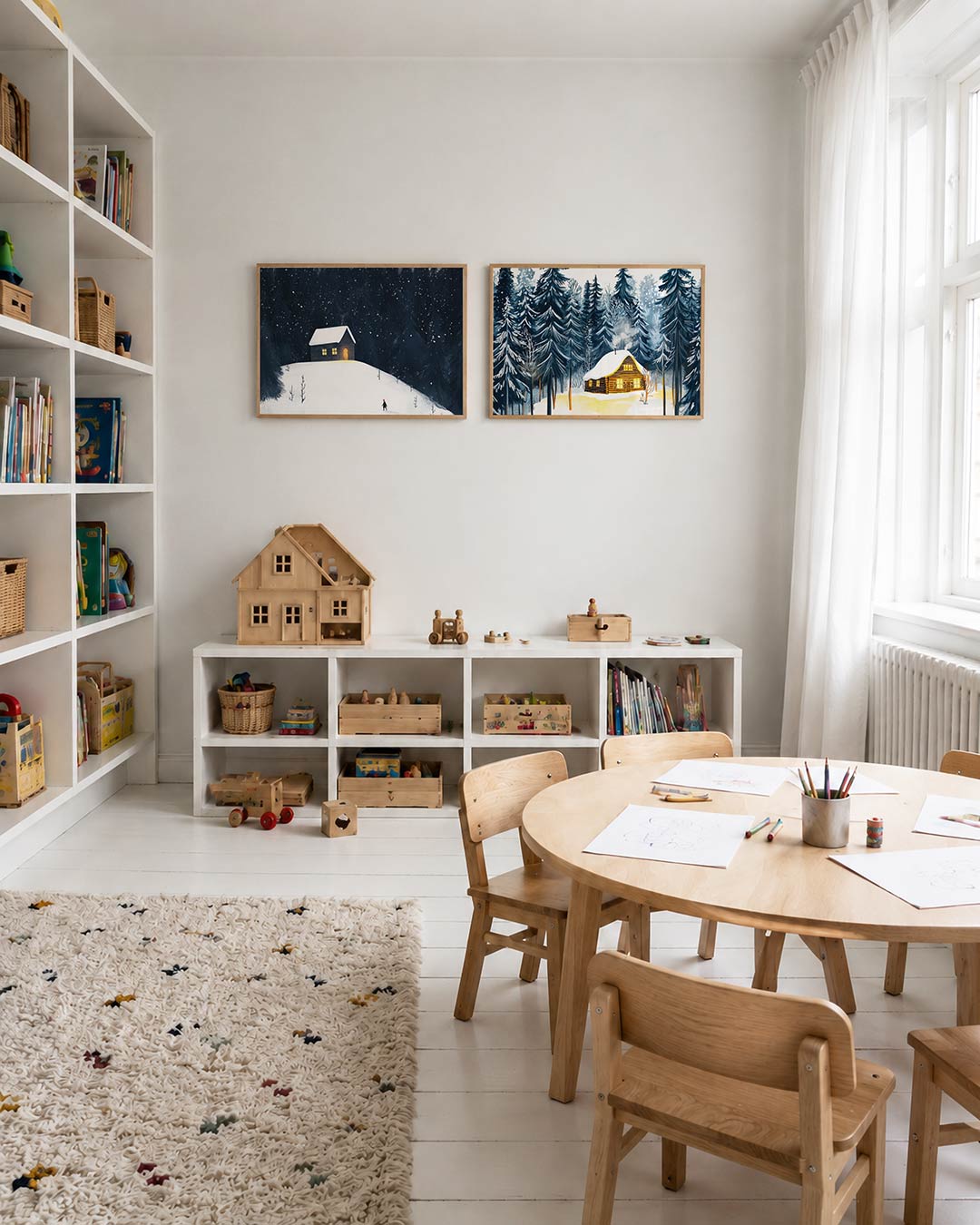 Interieurpresentatie van twee posters met een eenzaam huisje op een besneeuwde heuvel, omgeven door donkere bomen