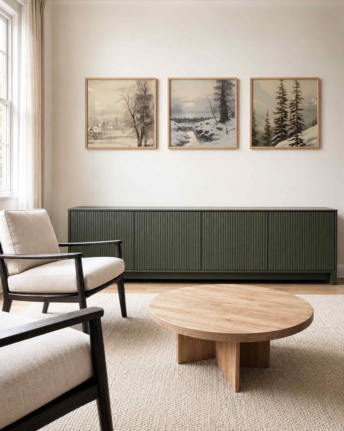Interieurpresentatie van een driedelige vierkante posterset met winterlandschap