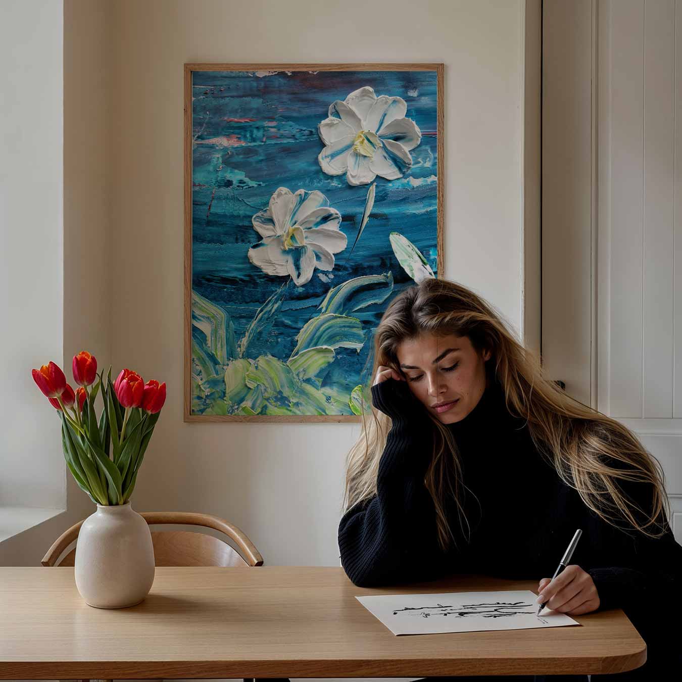 Bloemenpracht in Blauwe Penselen Poster