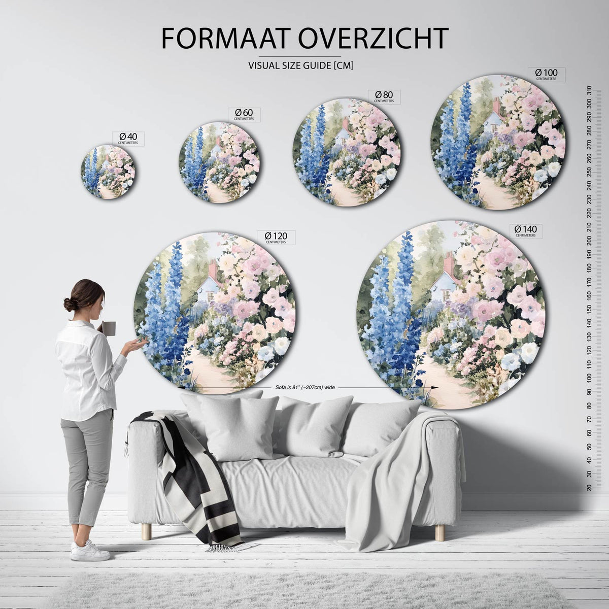 Bloementuin met huis Muurcirkel – extra productweergave – Een tuin vol bloeiende bloemen in blauw, roze en groen met een
