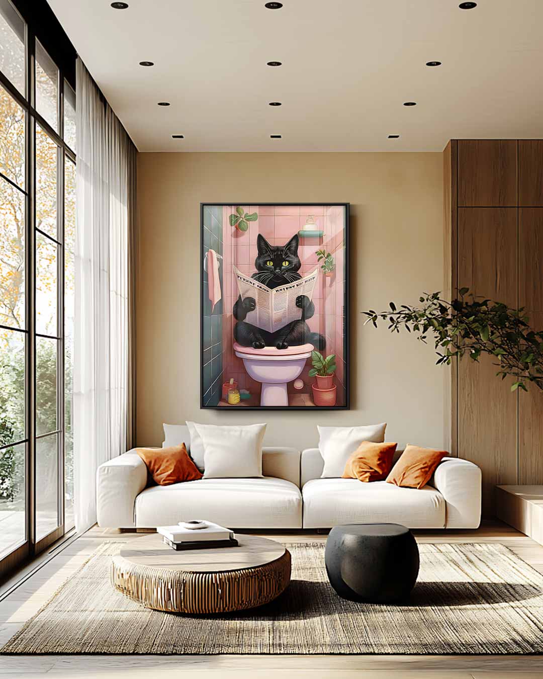 Kat Met Krant in de Badkamer Kunstwerk-canvas-dibond-plexiglas-wanddecoratie-WallArtistic