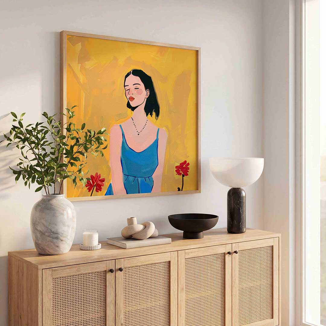 Vrouw in blauwe jurk Poster