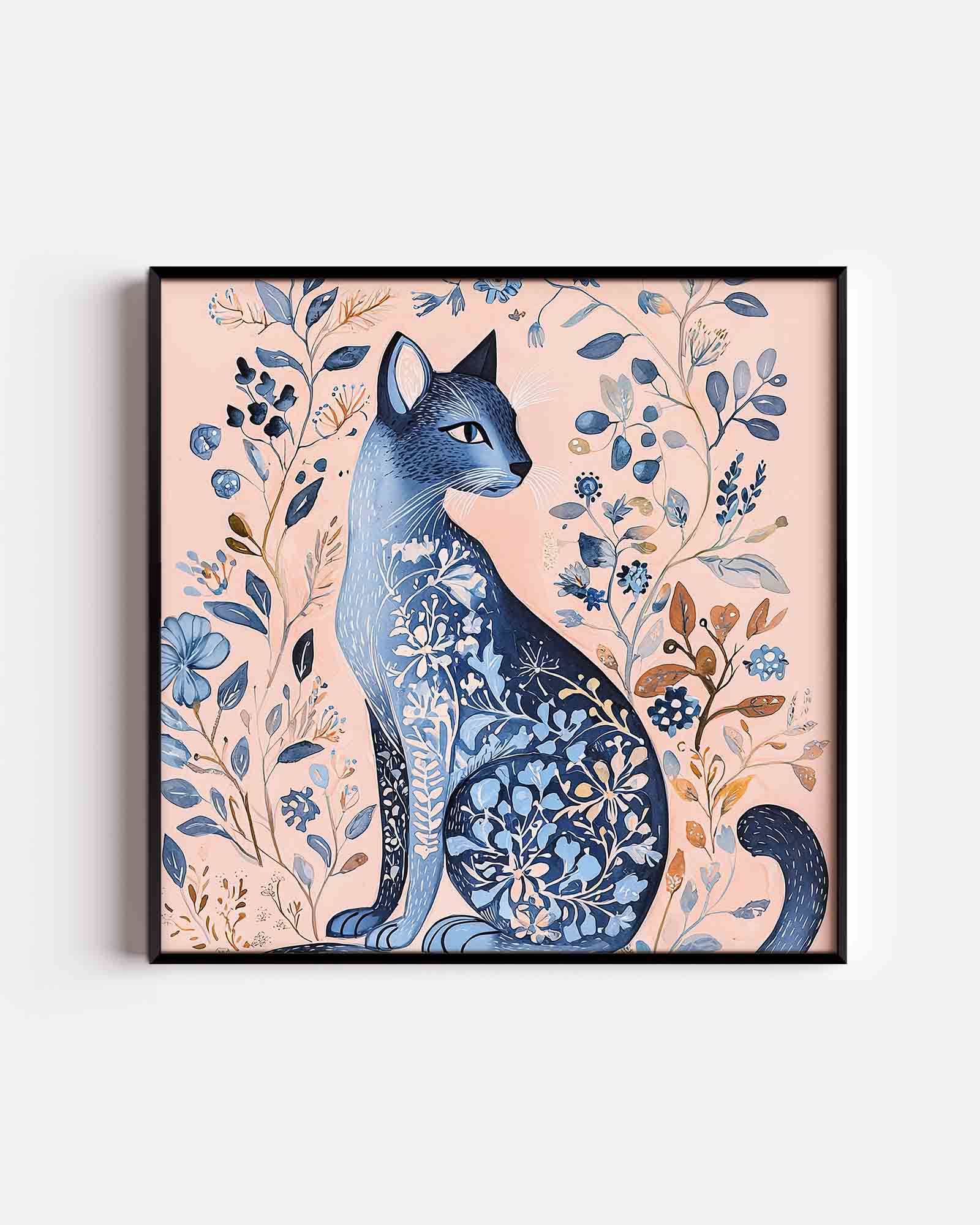 Blauwe kat met bloemen Poster
