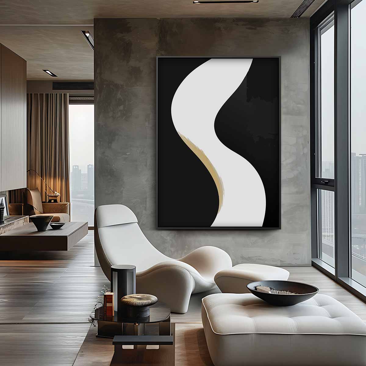 Golvende Sfeer in Zwart en Wit Kunstwerk-canvas-dibond-plexiglas-wanddecoratie-WallArtistic