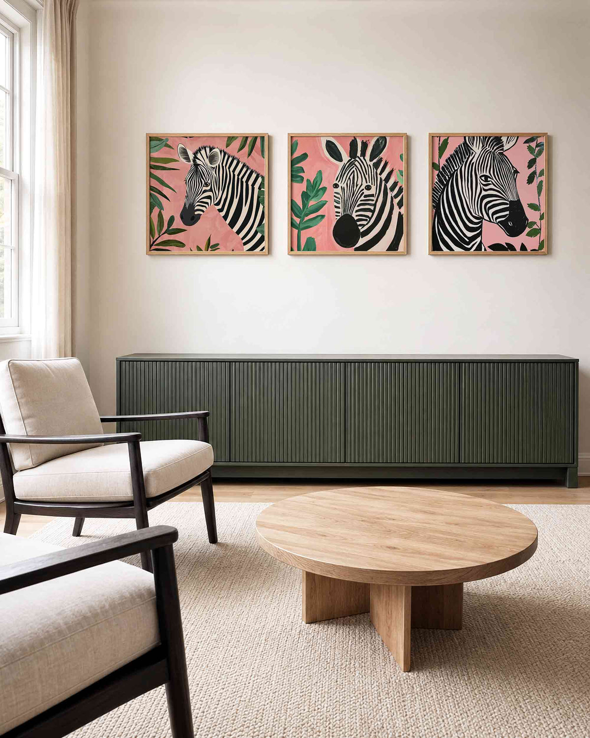 Interieurpresentatie van een driedelige vierkante posterset met zebra portretten