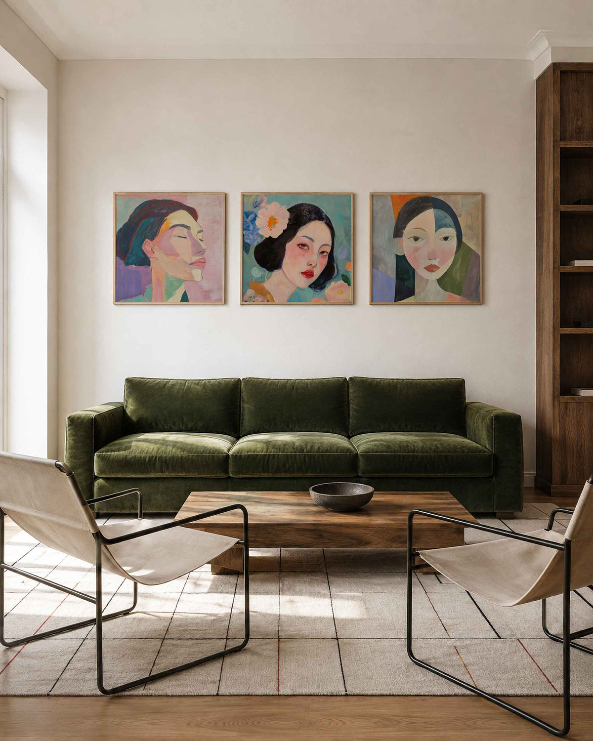 Interieurpresentatie van een driedelige vierkante posterset met kleurrijke vrouwengezichten