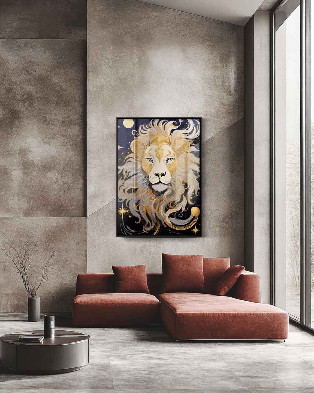 Majestueuze Leeuw in Gouden Nacht Kunstwerk-canvas-dibond-plexiglas-wanddecoratie-WallArtistic