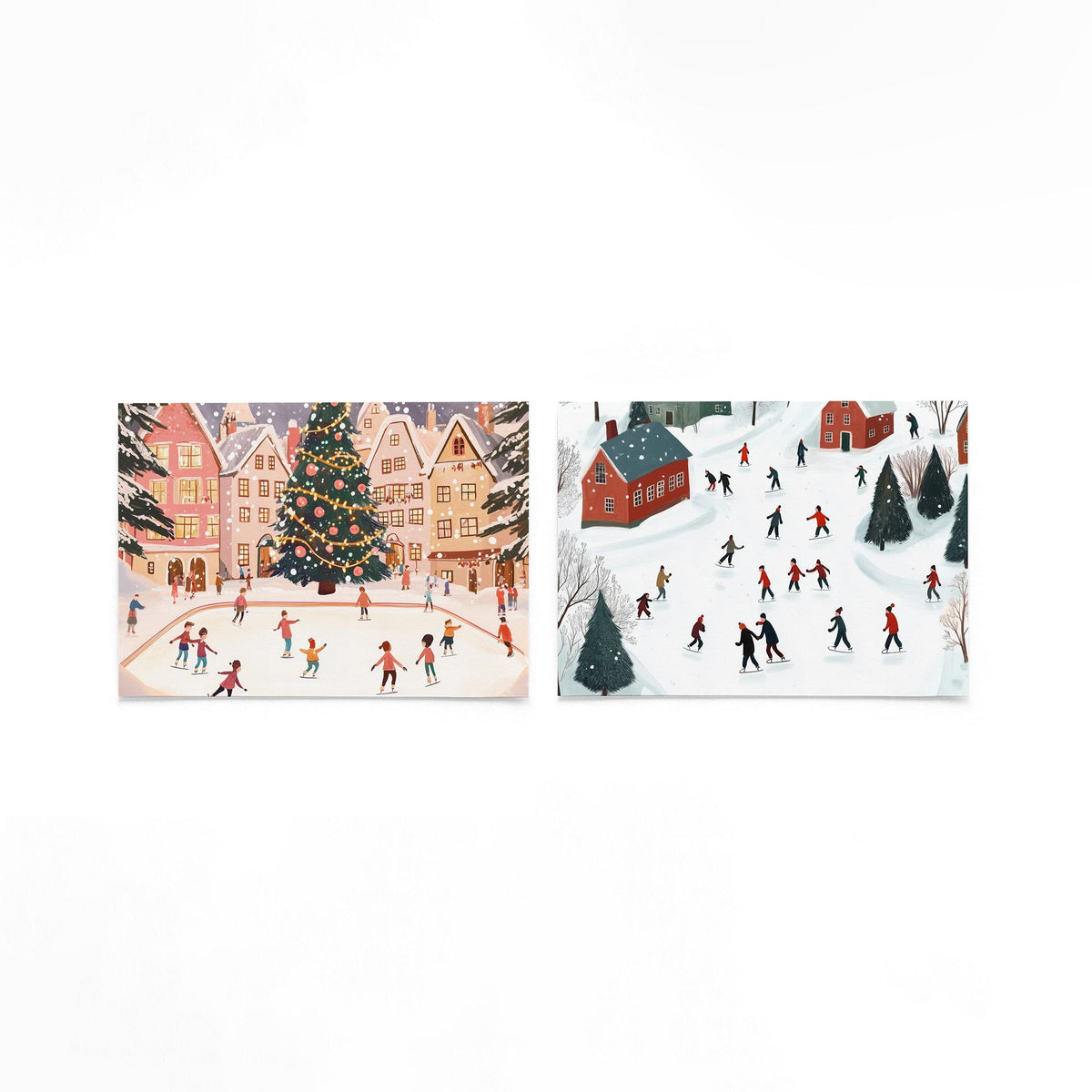 Twee liggende posters met een sfeervol plein met schaatsende mensen en een grote kerstboom op een gebroken witte achtergrond