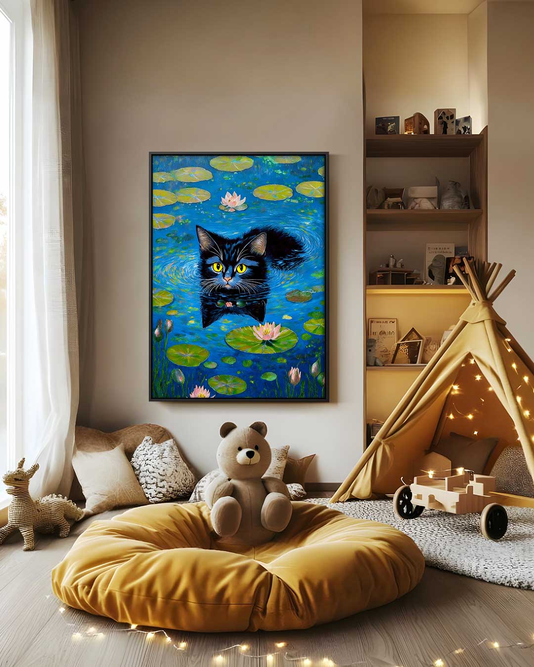 Zwemmende Kat in Watertuin Kunstwerk-canvas-dibond-plexiglas-wanddecoratie-WallArtistic