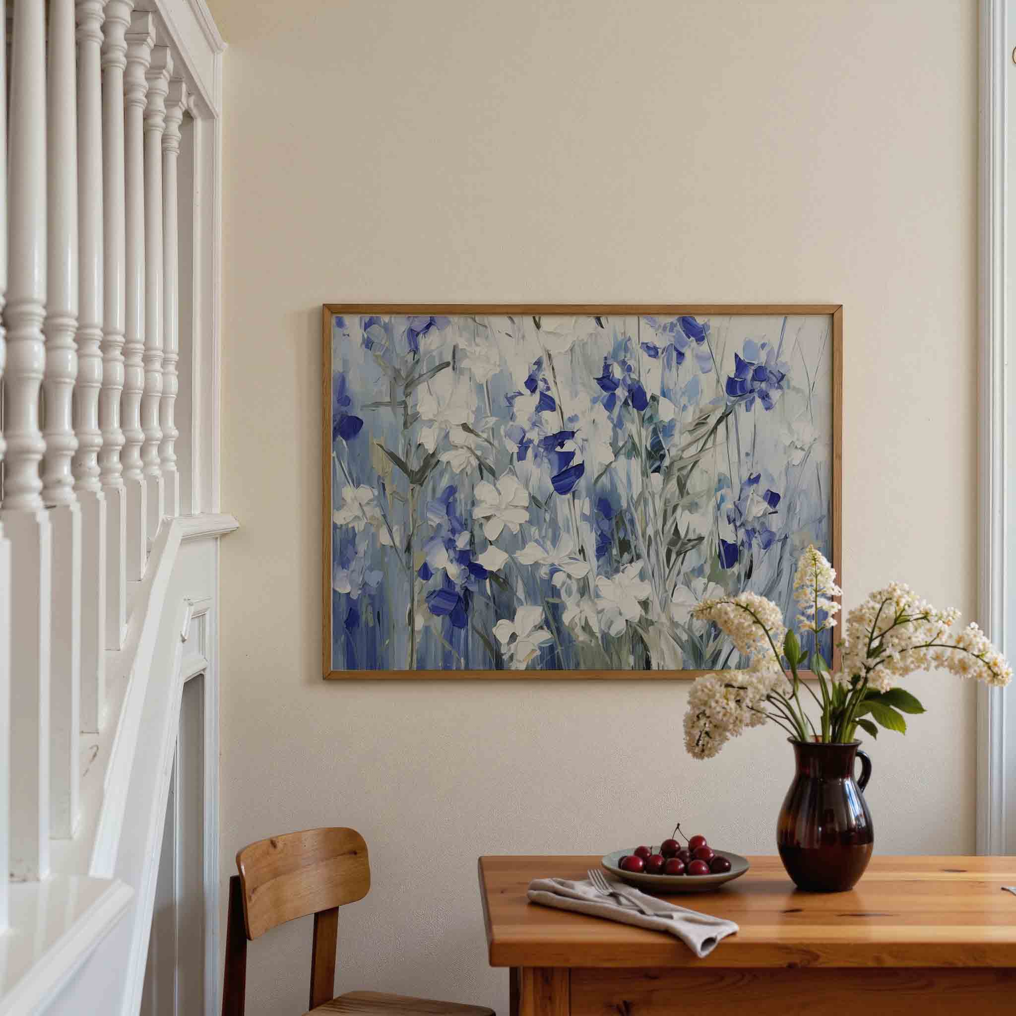 Blauwe en witte bloemen Poster