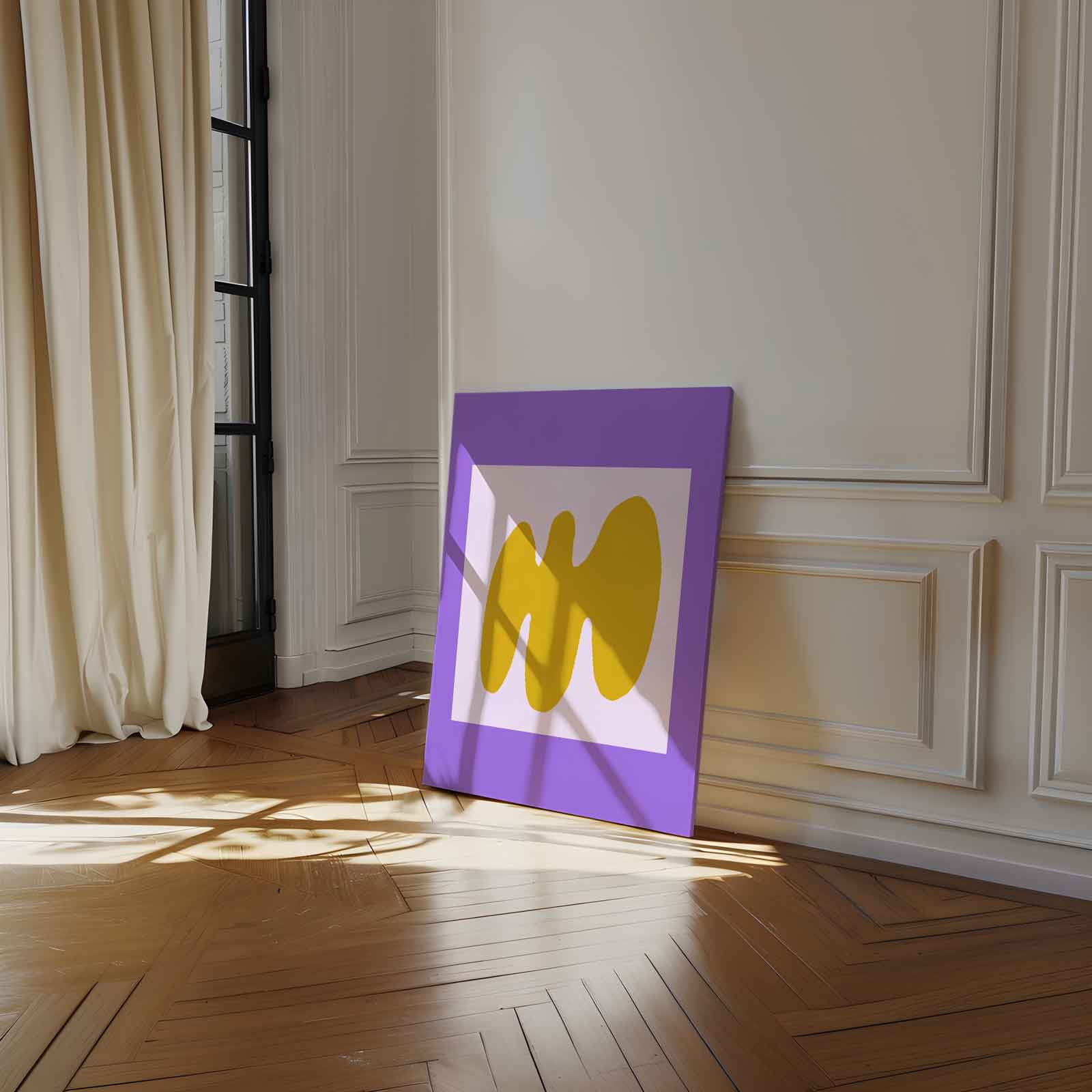 Abstracte Gele Golf op Paarse Achtergrond Kunstwerk-canvas-dibond-plexiglas-wanddecoratie-WallArtistic