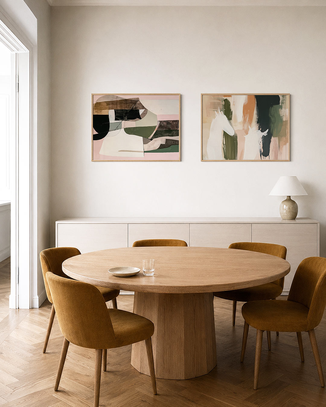 Tweedelige posterset met een spel van overlappende kleurvlakken en vloeiende lijnen, getoond in een interieur