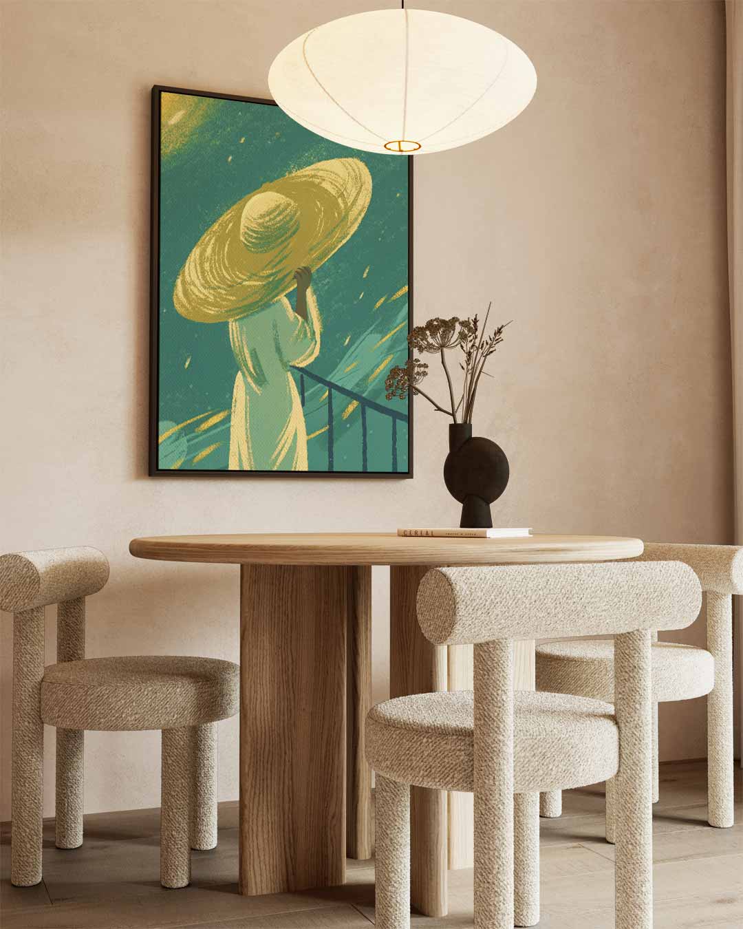 Vrouw met Gele Hoed in de Wind Kunstwerk-canvas-dibond-plexiglas-wanddecoratie-WallArtistic
