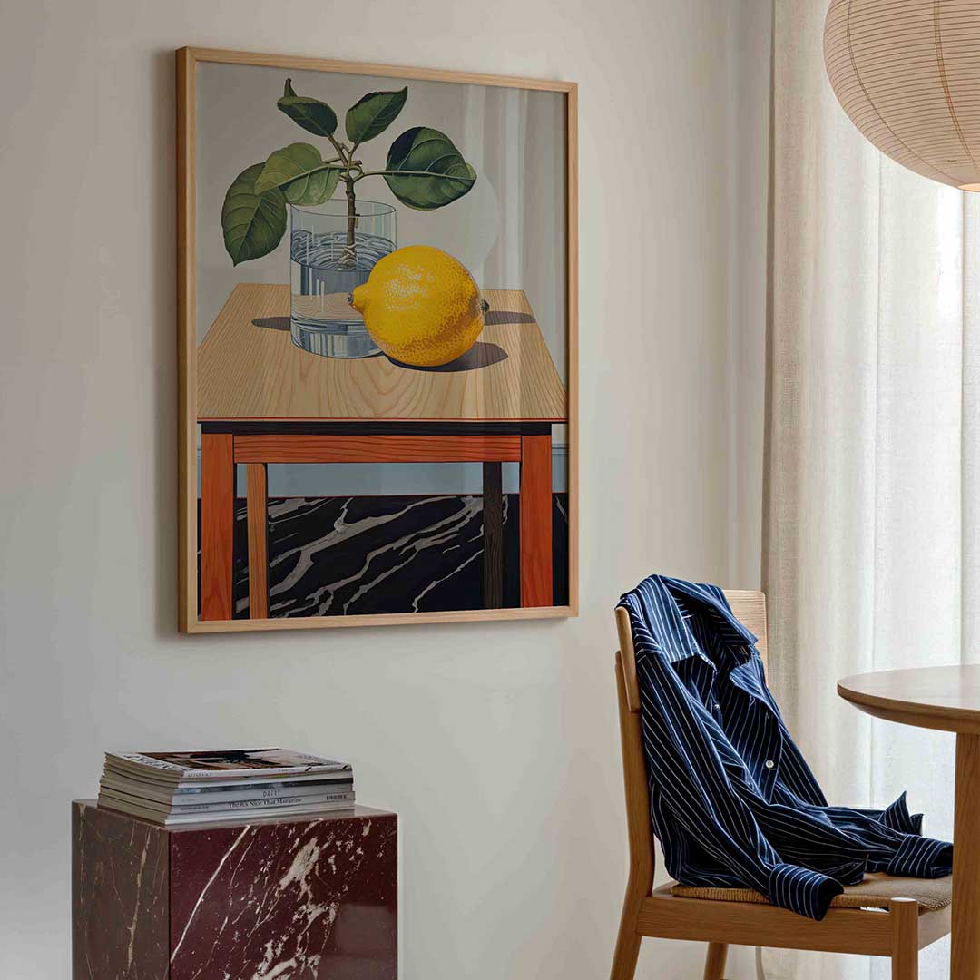 Citroen en plant op tafel Poster