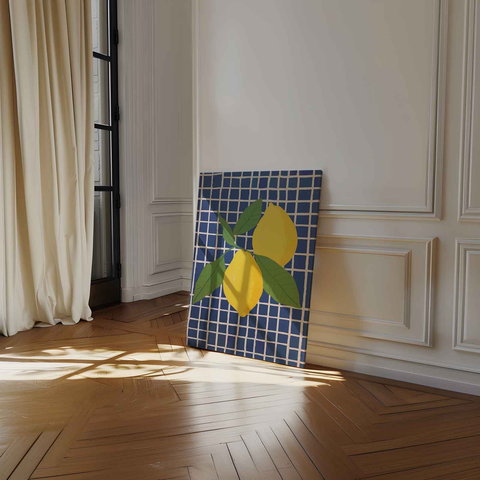 Zonnige Citroenen op Blauwe Tegel Kunstwerk-canvas-dibond-plexiglas-wanddecoratie-WallArtistic