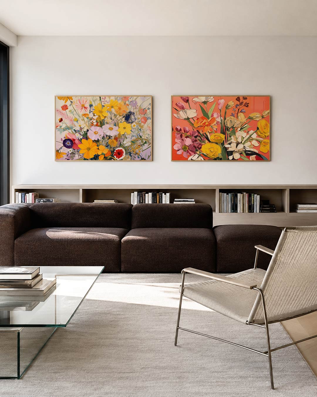 Twee liggende posters met een levendig boeket met een mix, aan de muur in een interieur