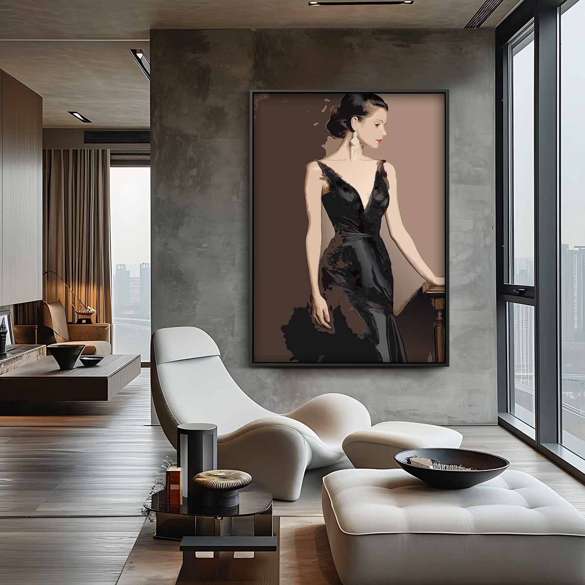 Elegante Dame in Zwarte Jurk Kunstwerk-canvas-dibond-plexiglas-wanddecoratie-WallArtistic
