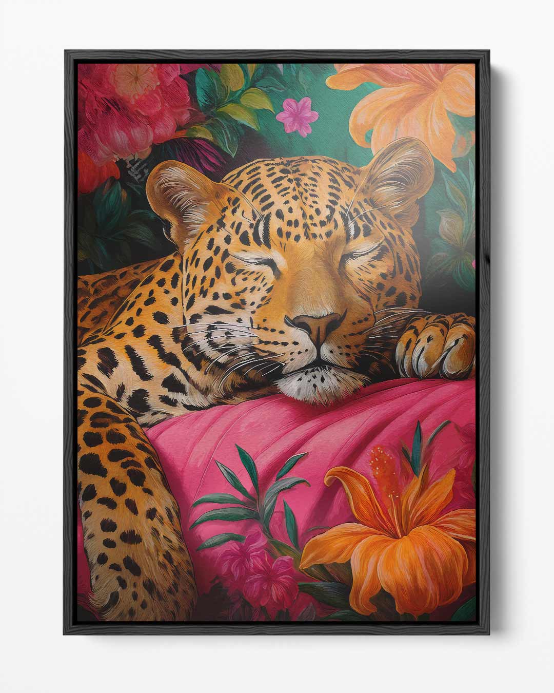 Dromerige Luipaard in Bloemenrijk Kunstwerk-canvas-dibond-plexiglas-wanddecoratie-WallArtistic