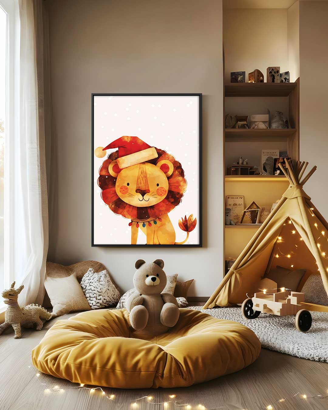 Kerstleeuw met Kerstmuts Kunstwerk-canvas-dibond-plexiglas-wanddecoratie-WallArtistic