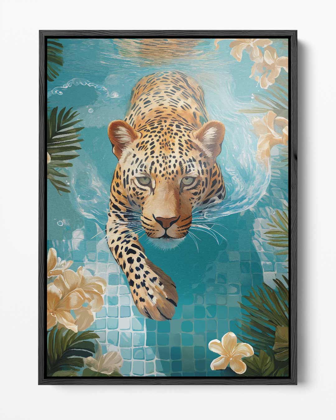 Zwemmende Luipaard in Tropisch Paradijs Kunstwerk-canvas-dibond-plexiglas-wanddecoratie-WallArtistic
