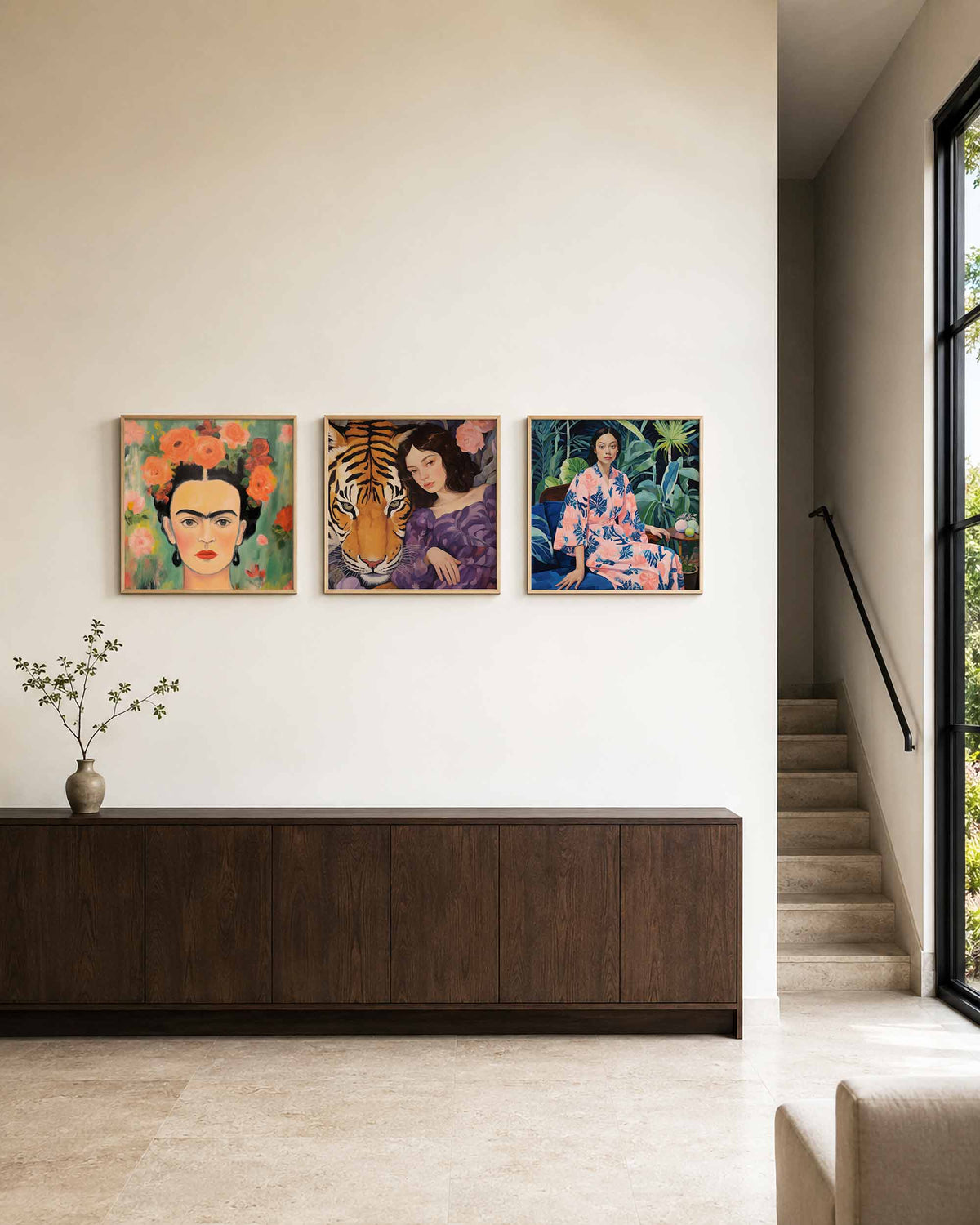 Interieurpresentatie van een driedelige vierkante posterset met vrouwen en natuur
