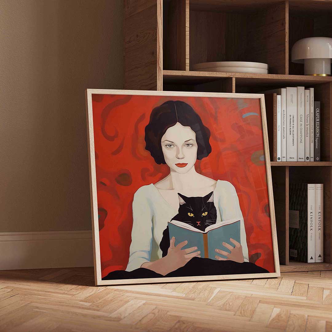 Vrouw met kat en boek Poster