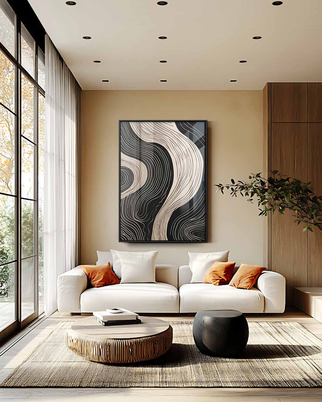 Golvende Lijnen op Zwart Kunstwerk-canvas-dibond-plexiglas-wanddecoratie-WallArtistic