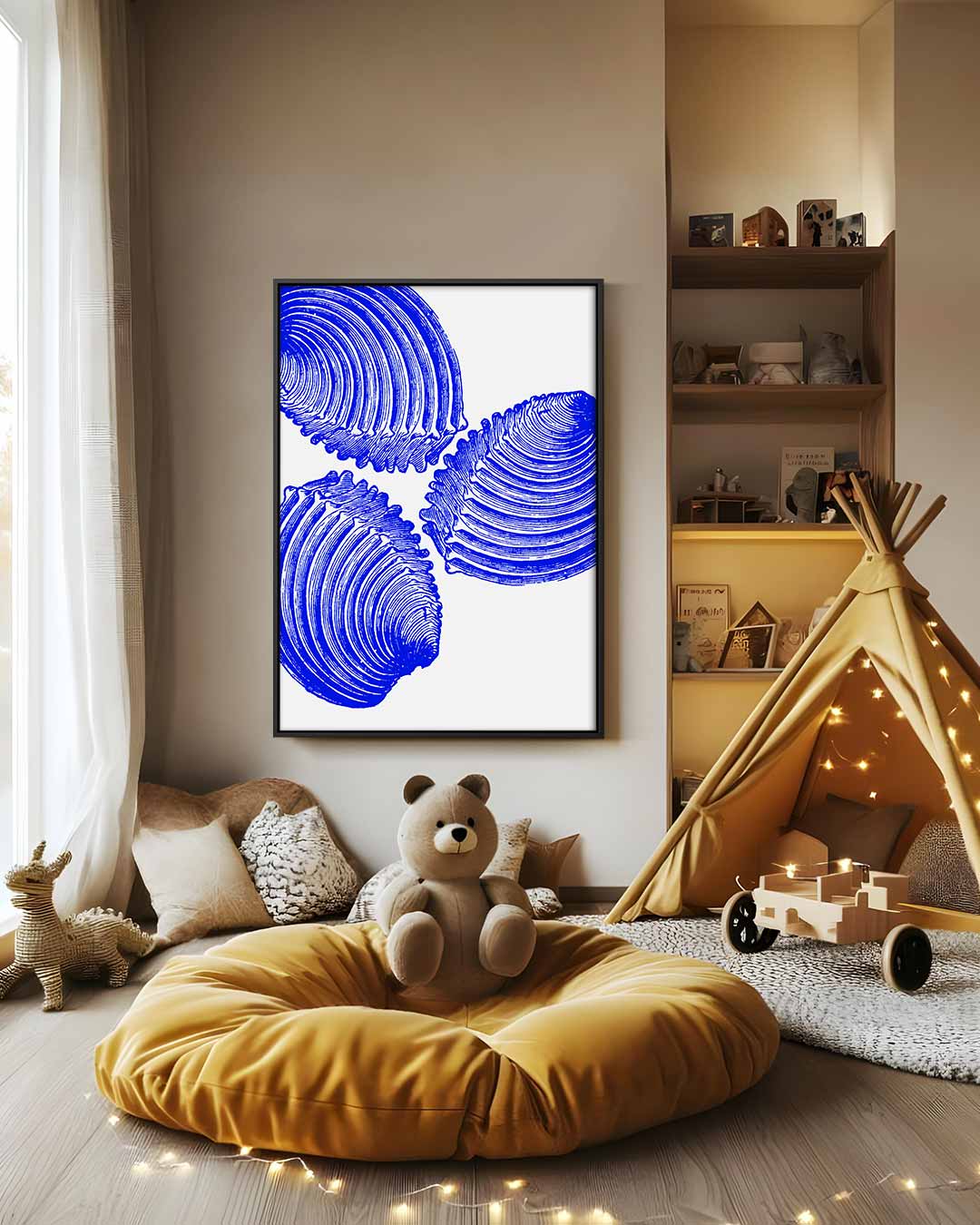 Blauwe Schelp Trio Kunstwerk Kunstwerk-canvas-dibond-plexiglas-wanddecoratie-WallArtistic
