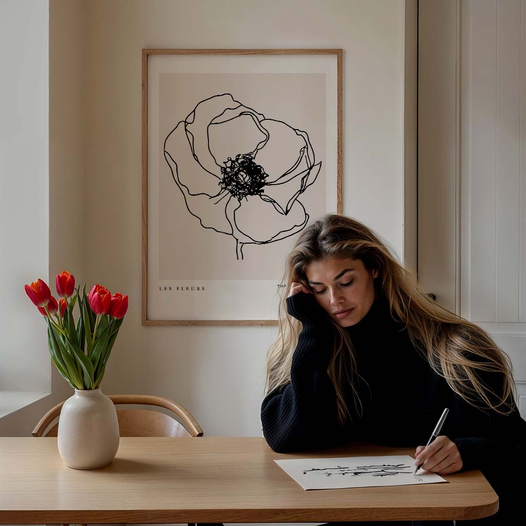 Elegante Zwarte Lijnbloem Poster-WallArtistic