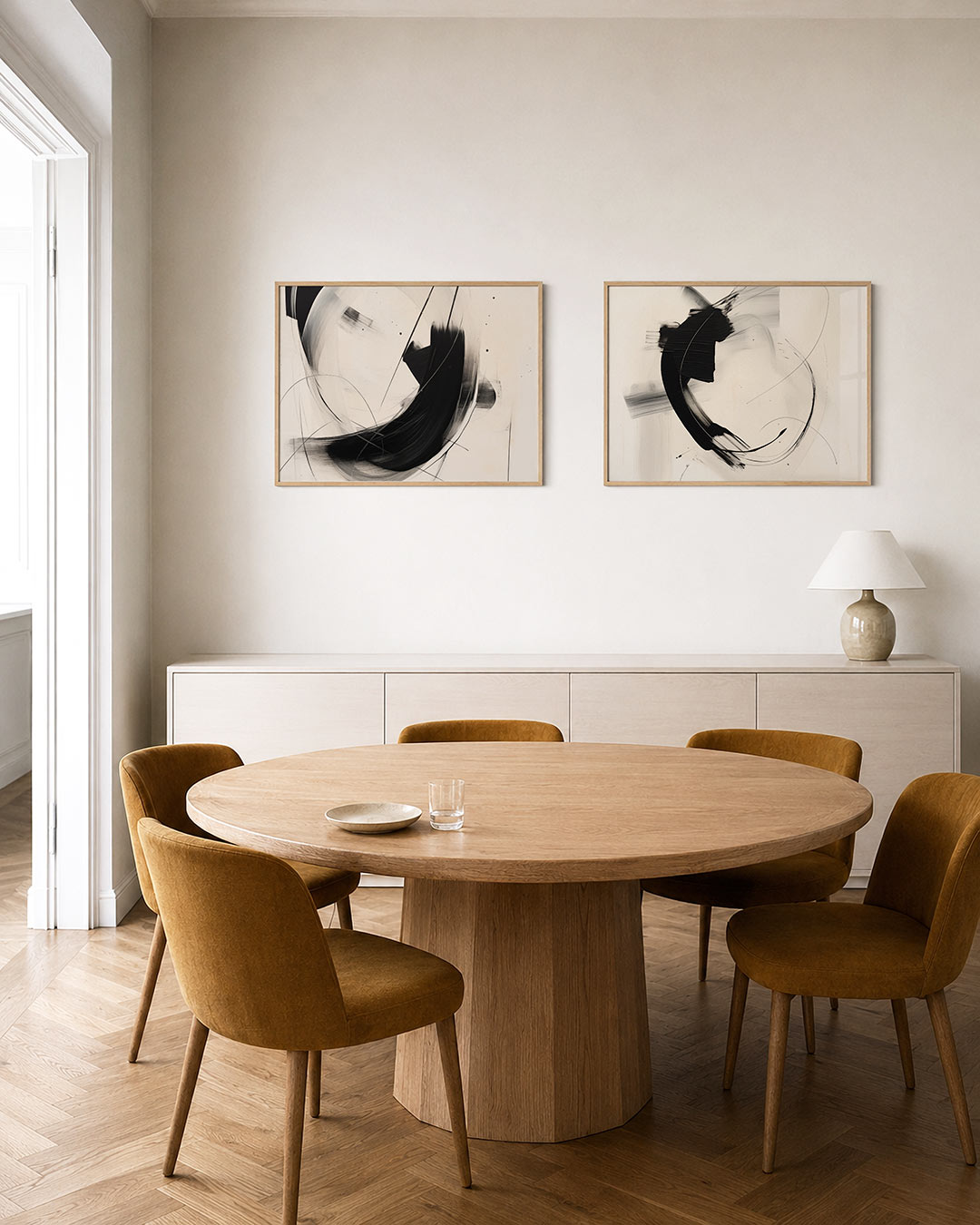 Tweedelige posterset met vloeiende zwarte en grijze lijnen op een witte achtergrond, getoond in een interieur