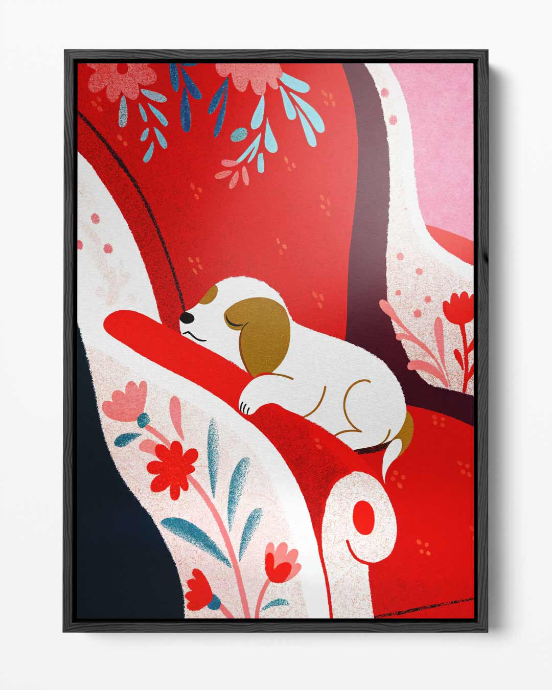 Dromerige Hond op Rode Stoel Kunstwerk-canvas-dibond-plexiglas-wanddecoratie-WallArtistic