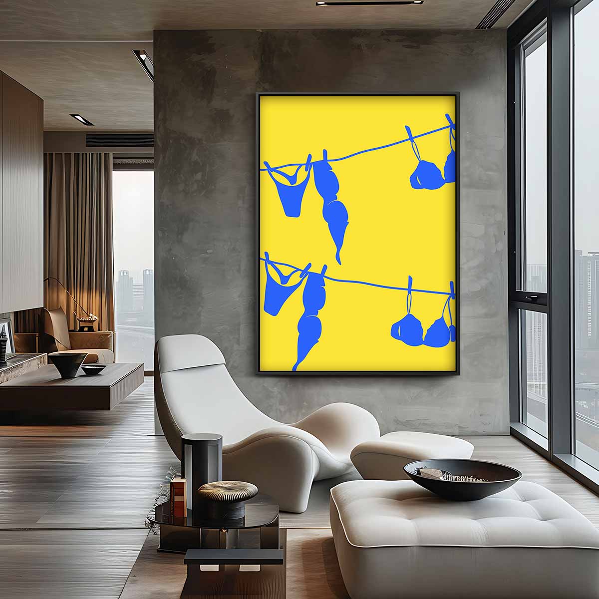 Blauw Wasgoed op Gele Draad Kunstwerk-canvas-dibond-plexiglas-wanddecoratie-WallArtistic