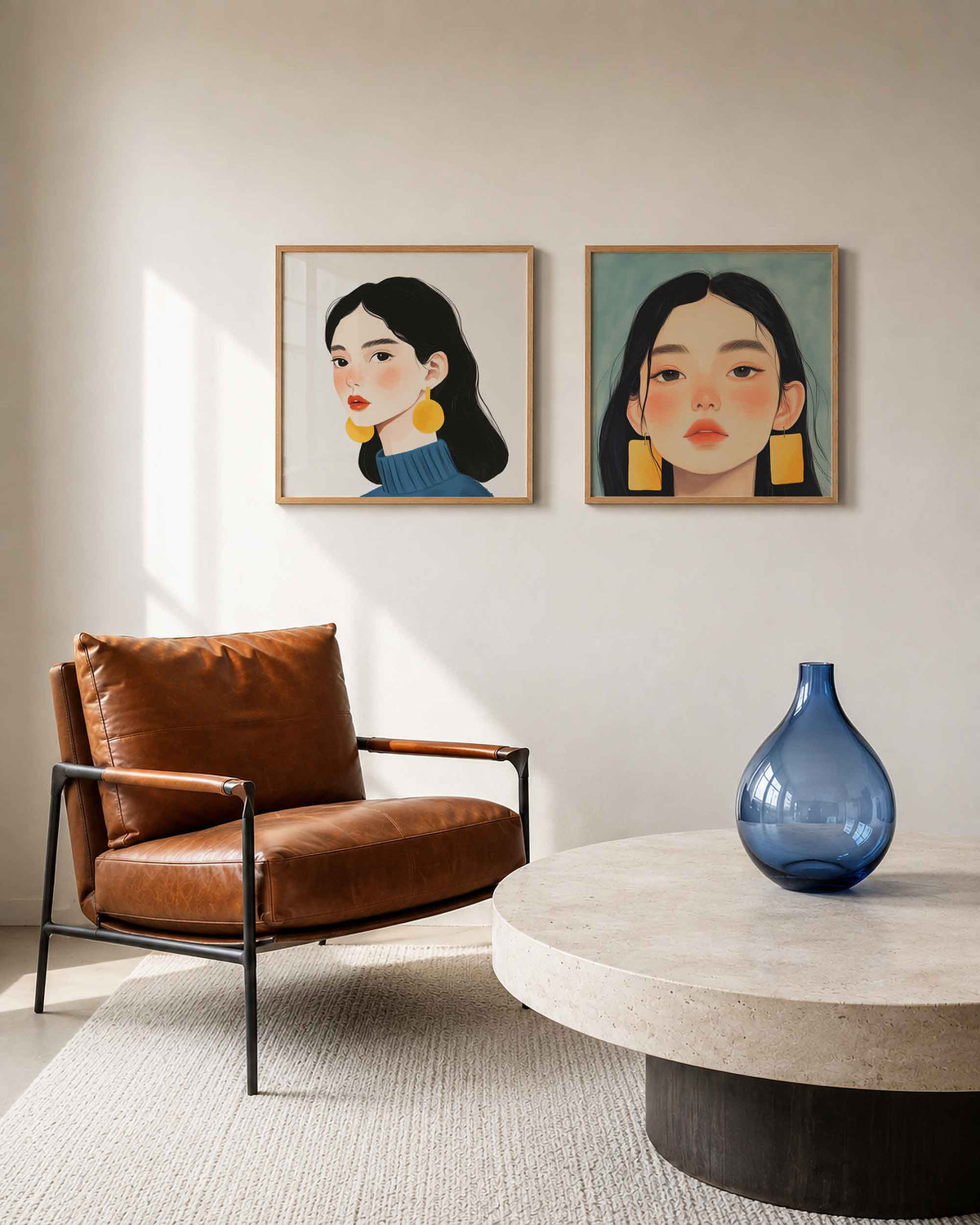 Interieurpresentatie van een tweedelige vierkante posterset met vrouwenportretten