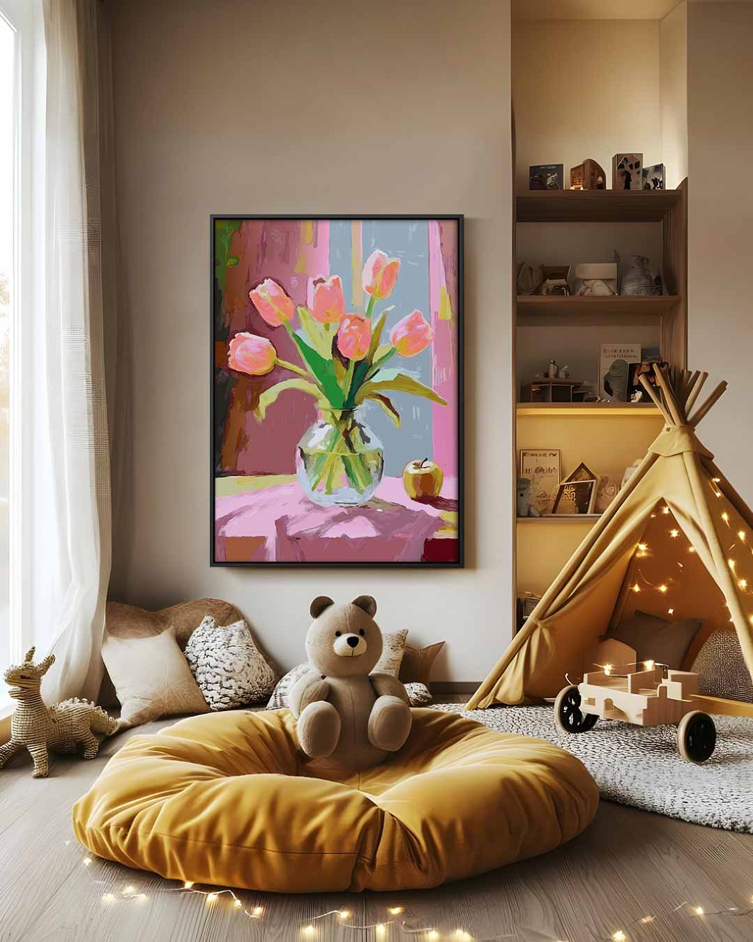Vrolijke Tulpen in Vaas Kunstwerk-canvas-dibond-plexiglas-wanddecoratie-WallArtistic