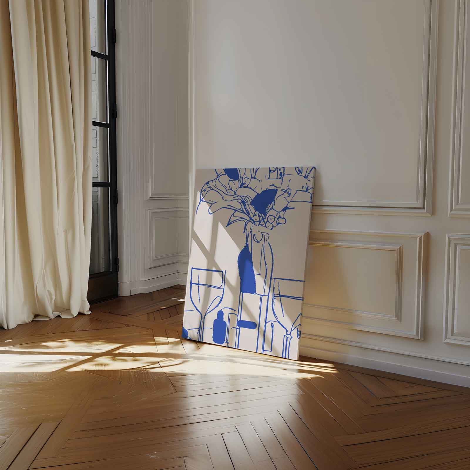 Moderne Tafelsetting in Blauwe Lijntekening Kunstwerk-canvas-dibond-plexiglas-wanddecoratie-WallArtistic