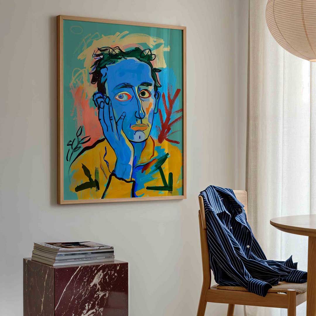 Blauw gezicht met hand Poster