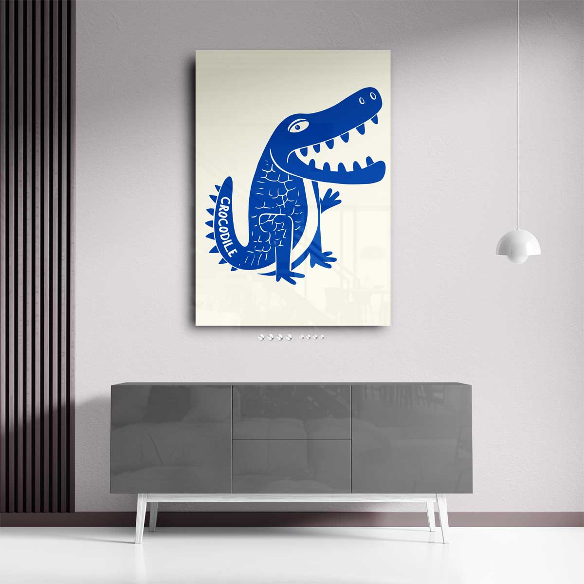 Speelse Blauwe Krokodil Illustratie Kunstwerk-canvas-dibond-plexiglas-wanddecoratie-WallArtistic