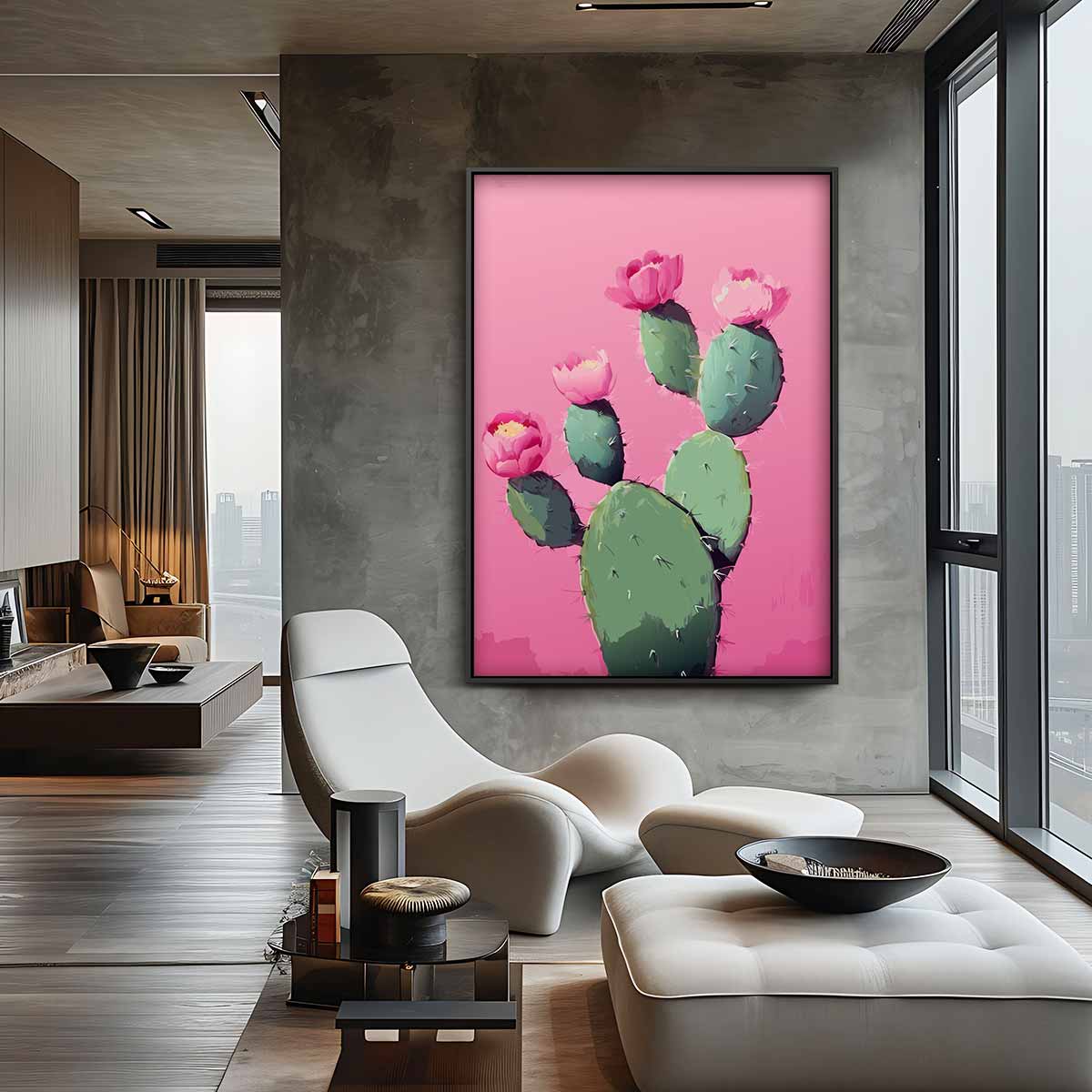 Bloeiende Cactus op Roze Kunstwerk-canvas-dibond-plexiglas-wanddecoratie-WallArtistic