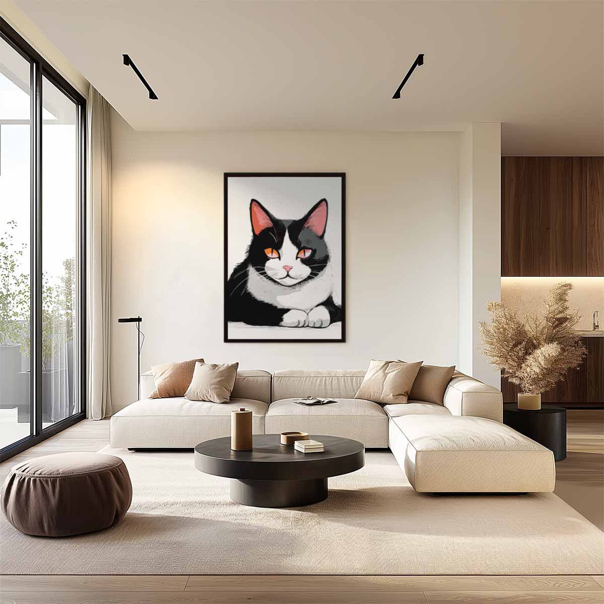 Relaxte Kat in Stijlvolle Zwart-Wit Illustratie Kunstwerk-canvas-dibond-plexiglas-wanddecoratie-WallArtistic