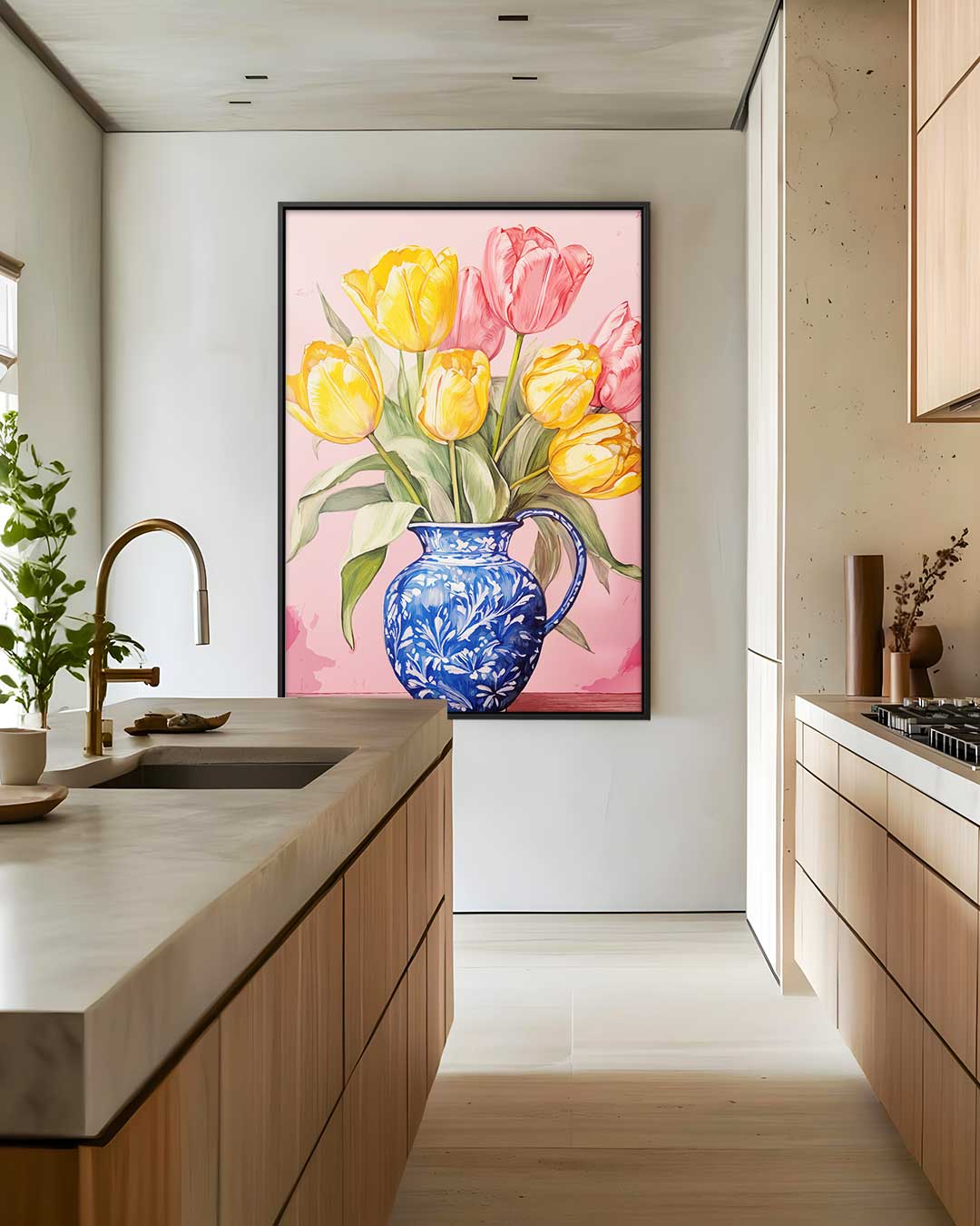 Bont Tulpenboeket in Blauwe Vaas Kunstwerk-canvas-dibond-plexiglas-wanddecoratie-WallArtistic