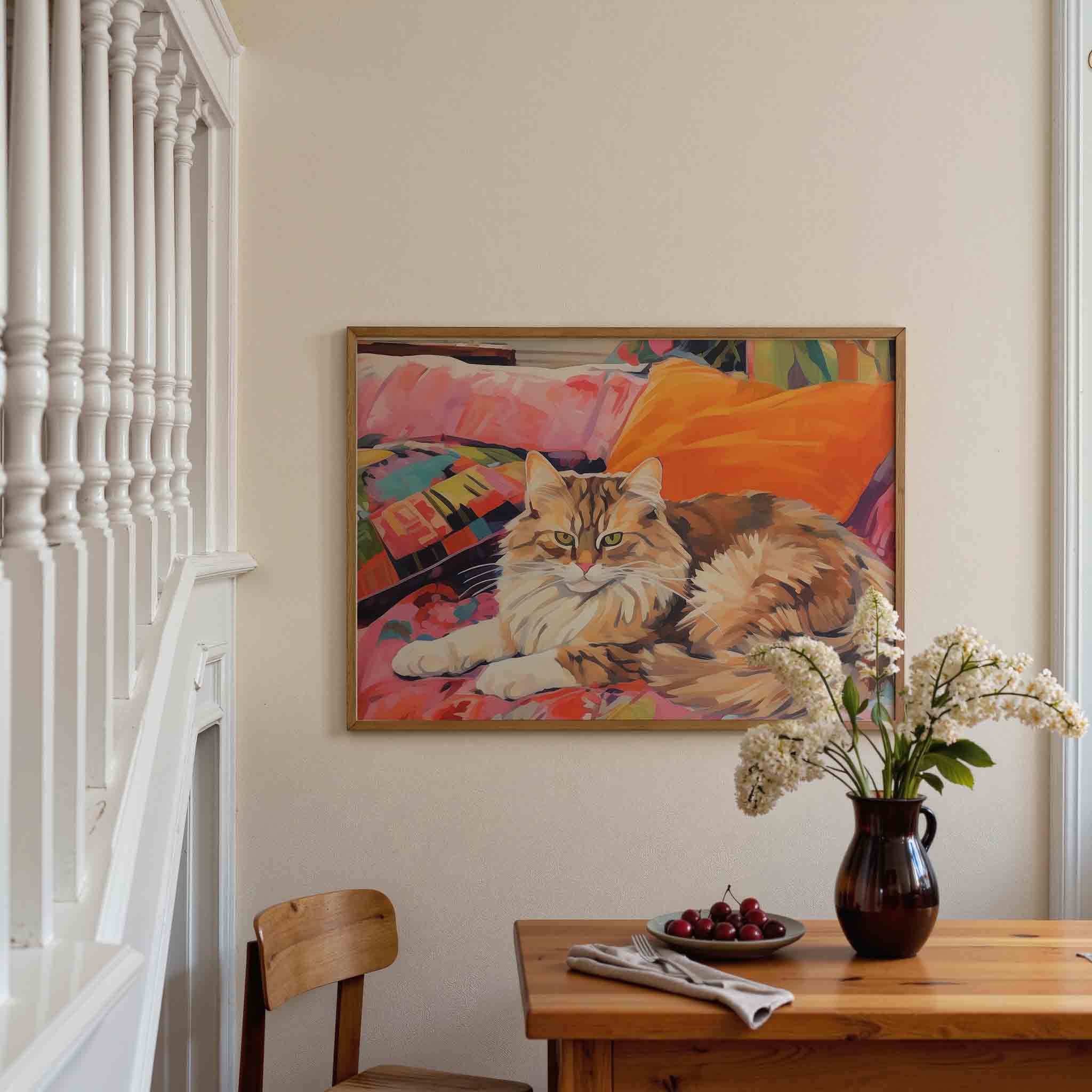 Kat op kleurrijke kussens Poster