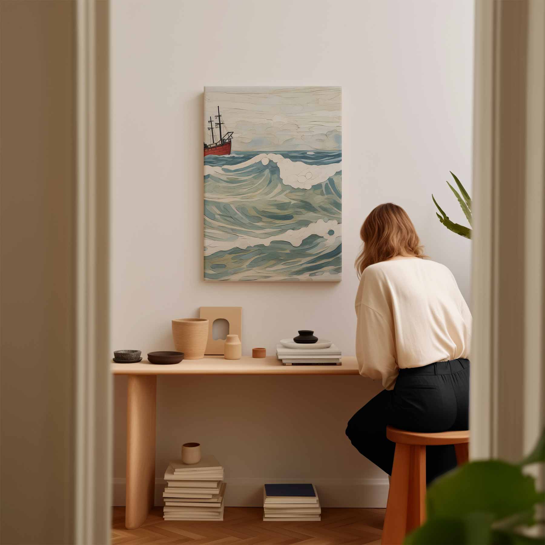 Golven van Avontuur: Rood Schip op Zee Kunstwerk-canvas-dibond-plexiglas-wanddecoratie-WallArtistic